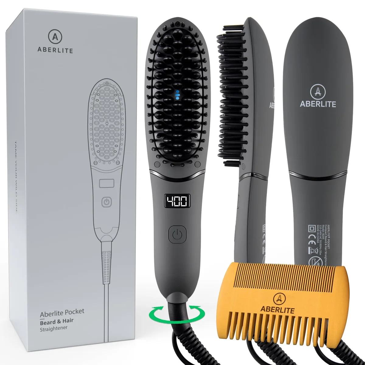 Compact black beard straightening brush with dense bristles and swivel cord