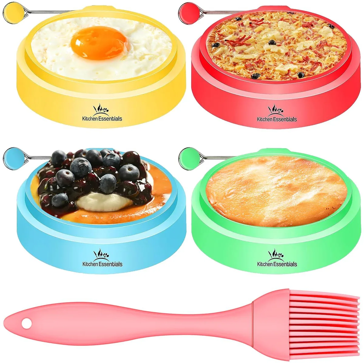 Four matte silicone egg rings in vibrant colours, 1½ inches each