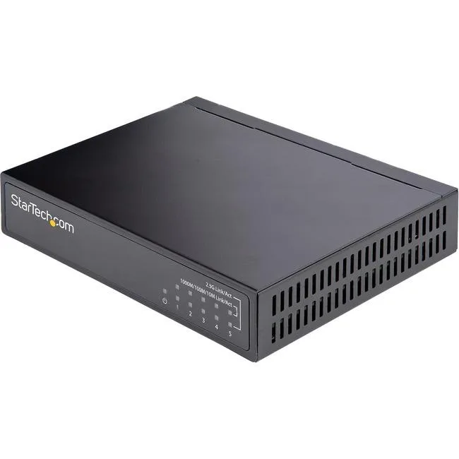 Compact metal five-port 2.5G switch with front LEDs and wall-mount brackets