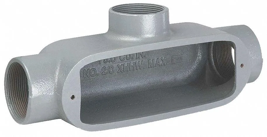 Gray powder-coated aluminum conduit outlet body, T-style, 10 inches long