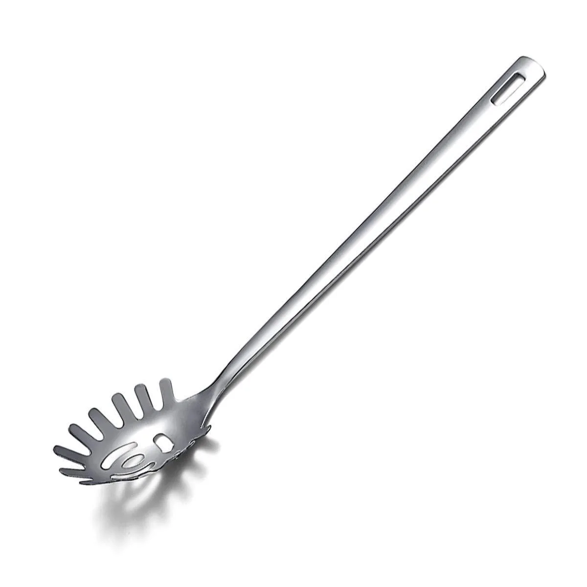 Silver stainless steel pasta server with mirror polish finish, long handle and slotted bowl