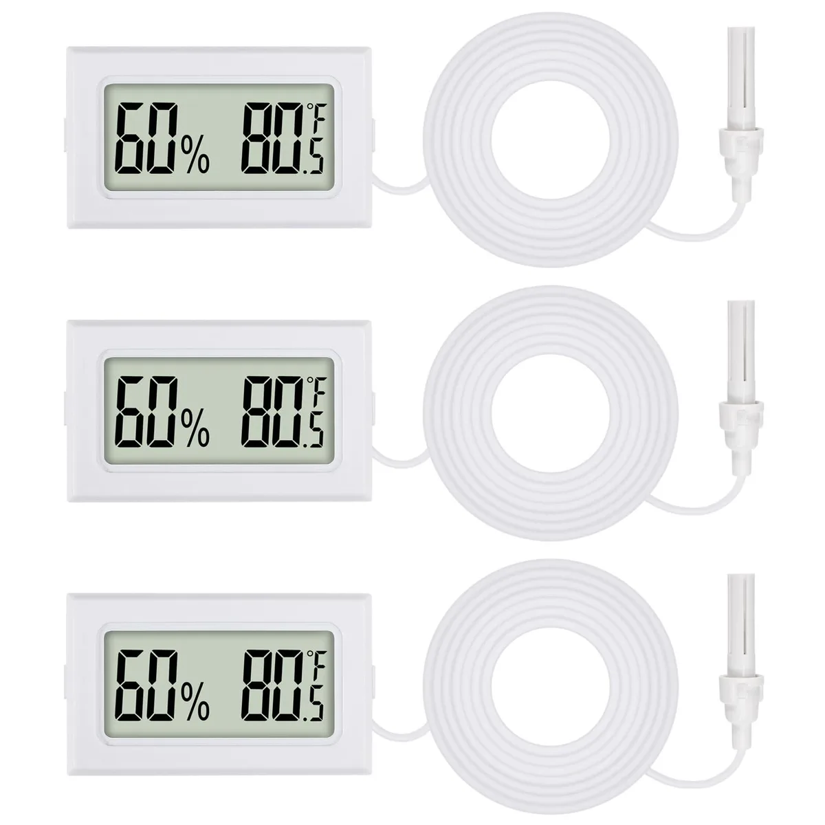 Three white mini digital thermometer hygrometers with probes and LCD screens