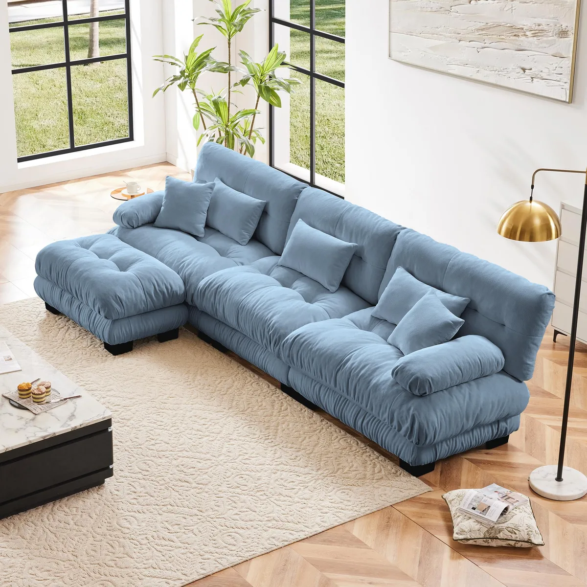 tuphen modular L-shaped sectional sofa in blue chenille fabric with convertible ottoman