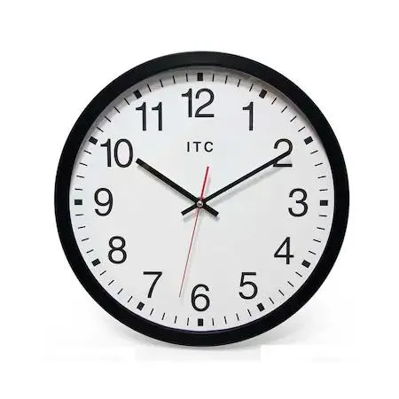 Round wall clock with black face and white hands