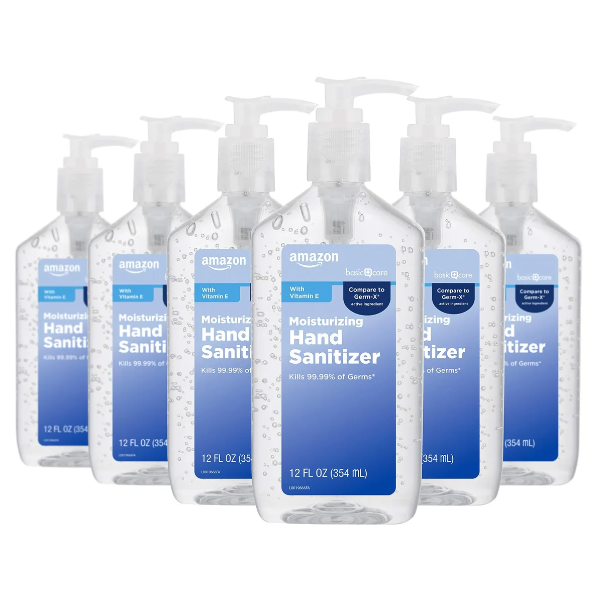 Six 12 fl oz bottles of clear gel hand sanitizer in rectangular plastic containers with flip-top caps, arranged in a cardboard pack