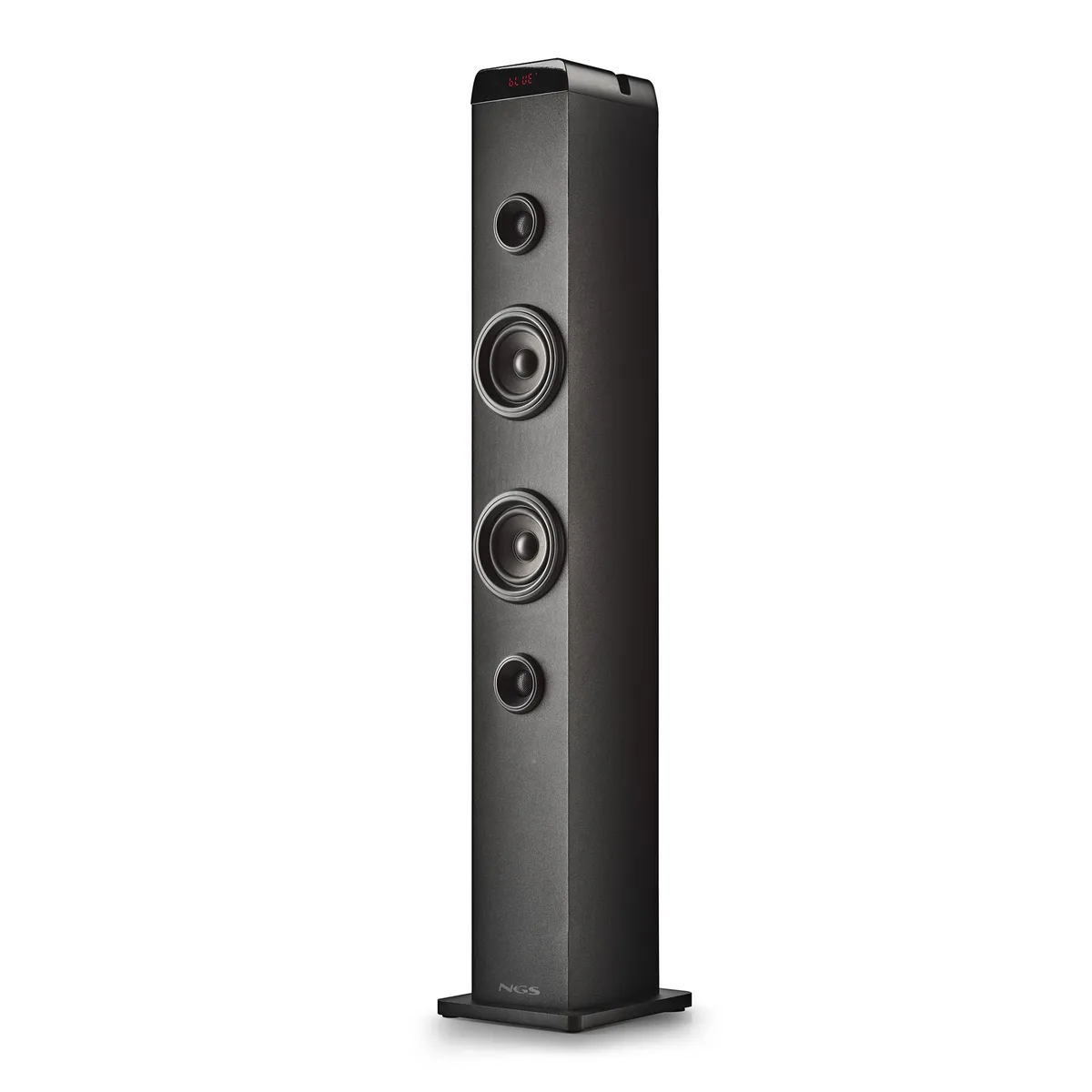 Black floor-standing tower speaker with wooden finish and LED display