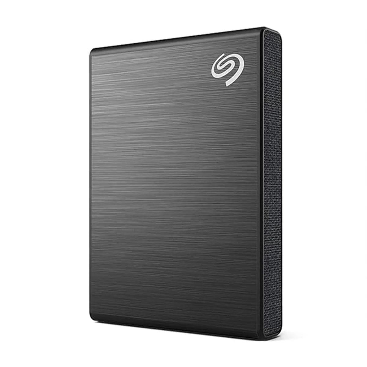 Compact black portable SSD with textured fabric finish