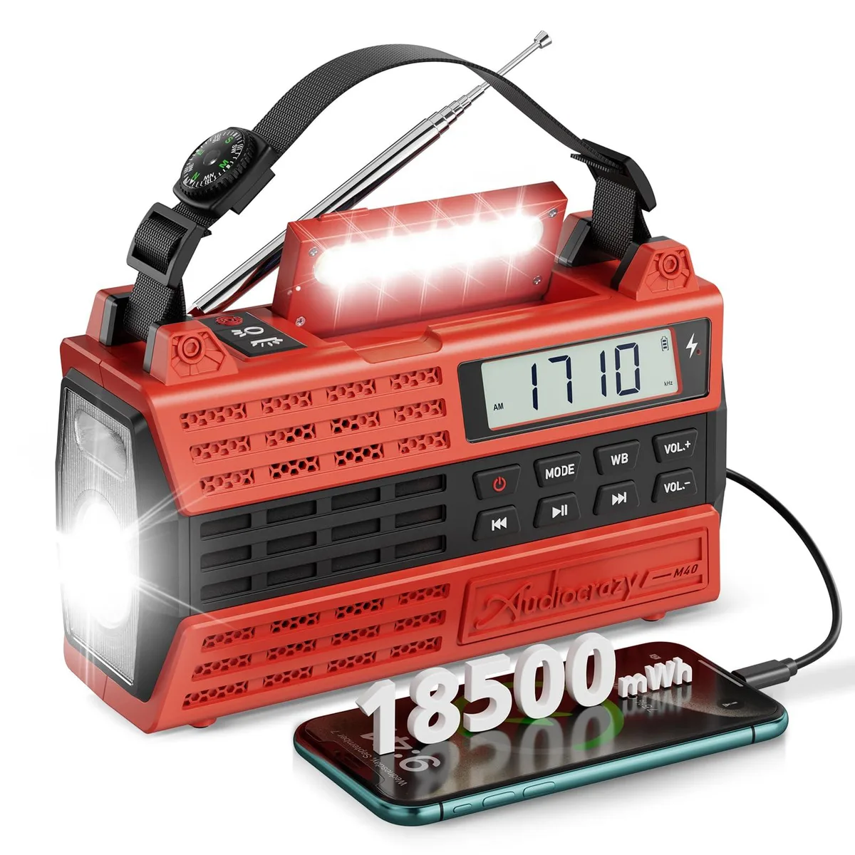  Audiocrazy Emergency Crank Radio 5000mAh Red — product photo