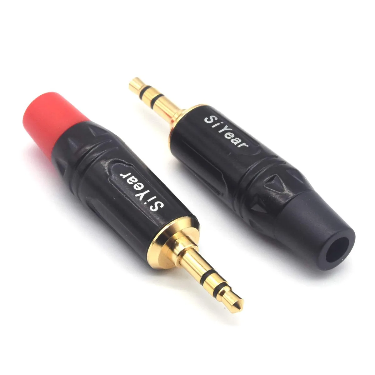 Two gold-plated 3.5 mm stereo male plugs with solder terminals