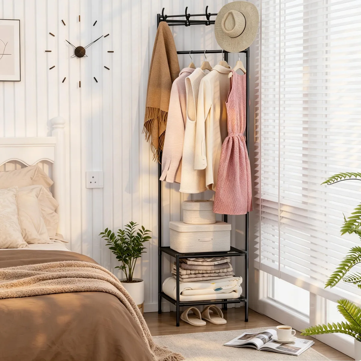 Freestanding corner garment rack with dual hanging rods, shoe shelf, and lockable wheels