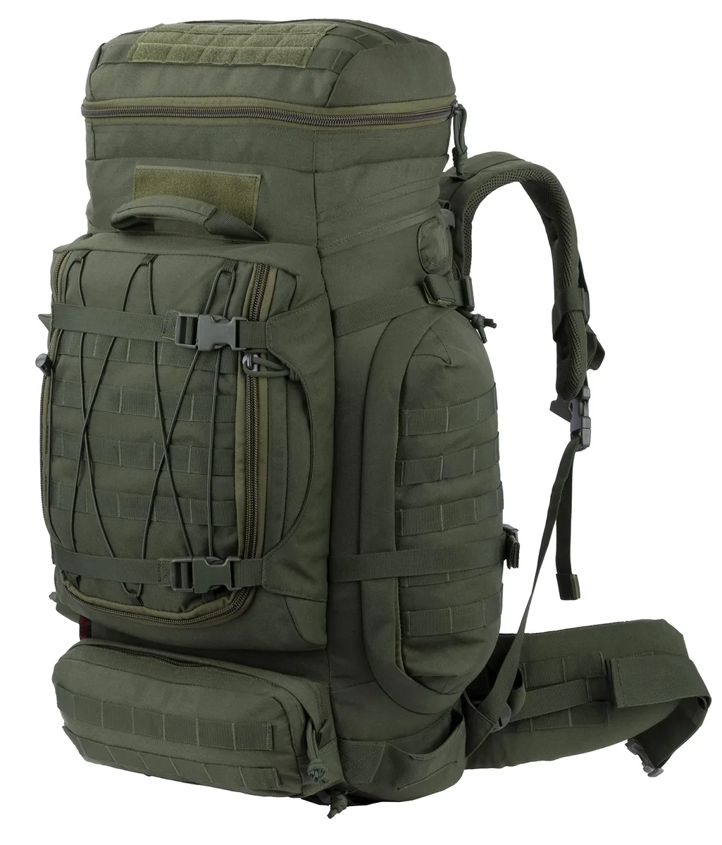 Olive drab 70L tactical backpack with internal frame full MOLLE webbing