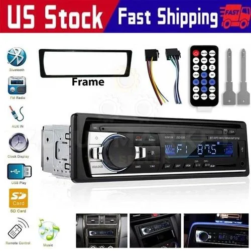 Rectangular single-DIN car stereo, black front panel, rotary knob, USB and SD slots, small display, included remote control