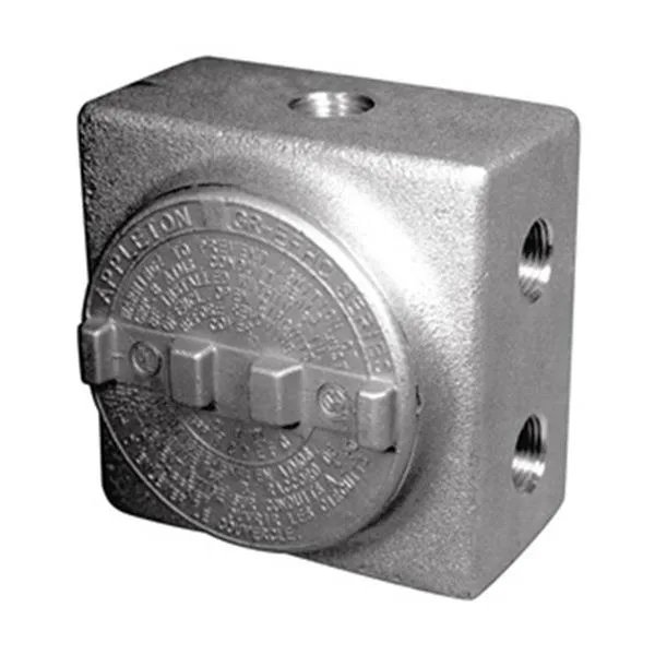 Aluminium conduit outlet body, grey powder-coated finish, 1 inch trade size, 29 cubic inch capacity