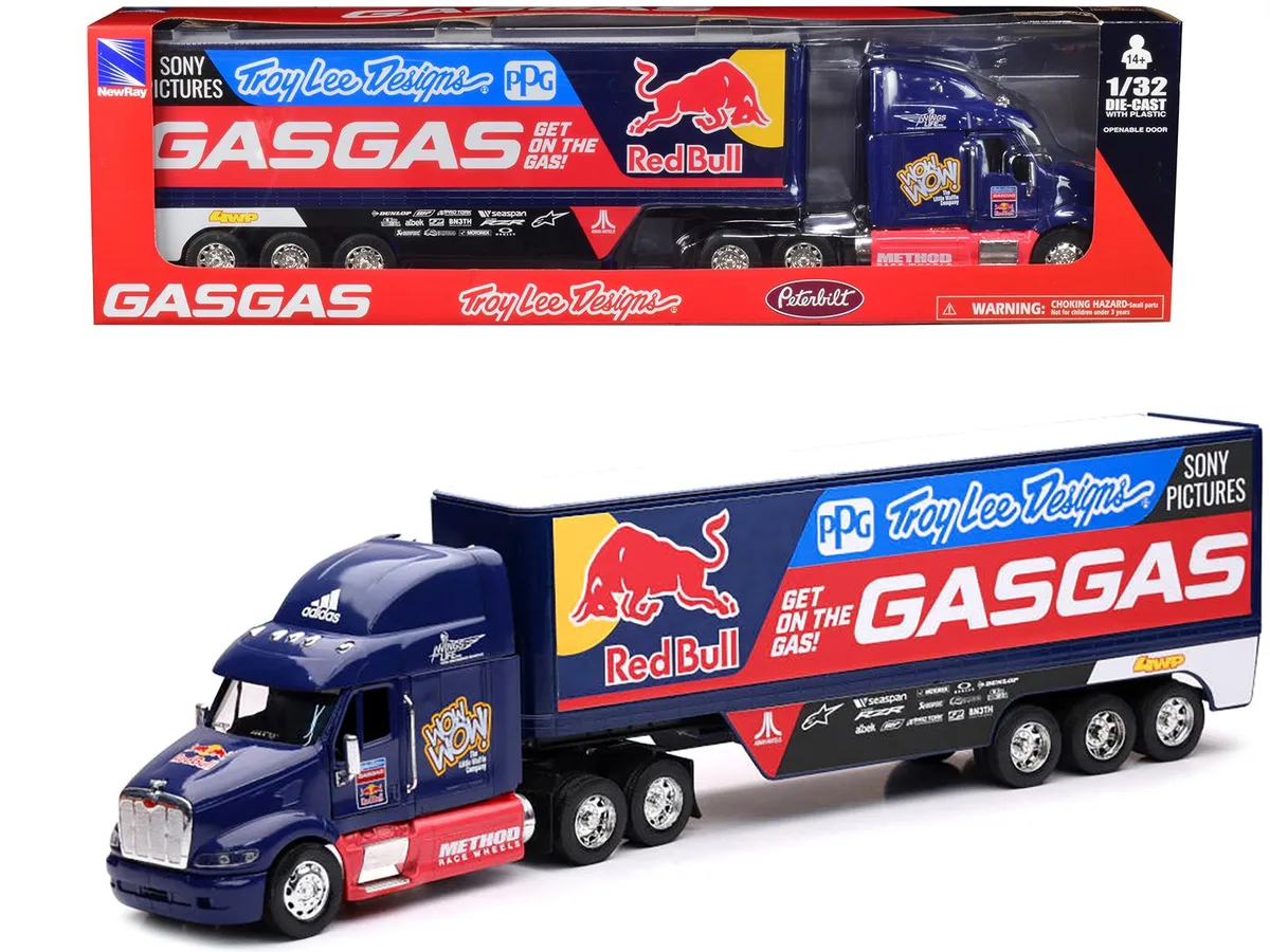 New Ray Toys New Ray Toys Peterbilt 387 Truck Dark Blue Red Bull Troy Lee Designs GASGAS 1/32 Diecast — product photo
