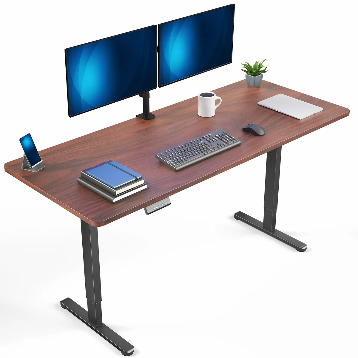Dark walnut rectangular desktop on black steel legs with dual motor columns and push-button controller