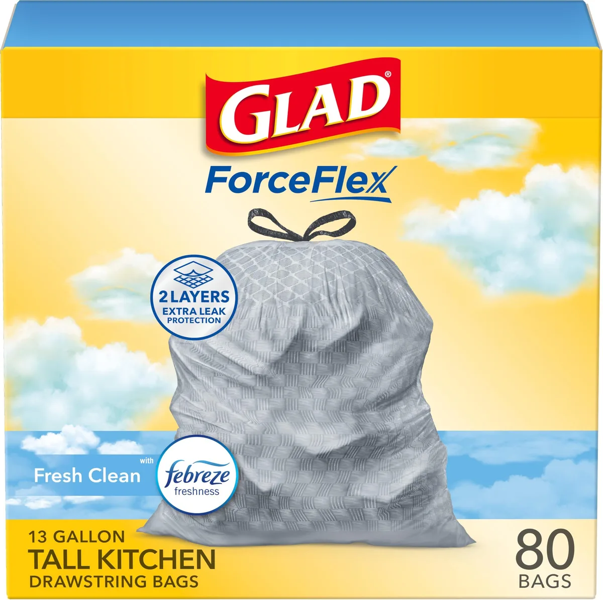 Grey plastic drawstring trash bags in a rectangular box, 13 gallon 80 count pack