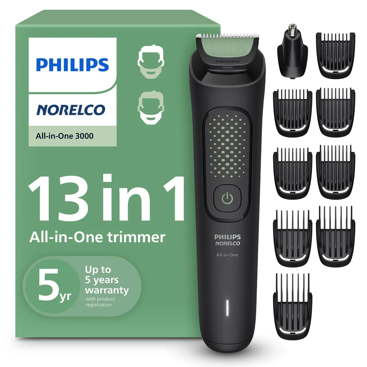 Black ergonomic trimmer with rubber grip and multiple comb attachments
