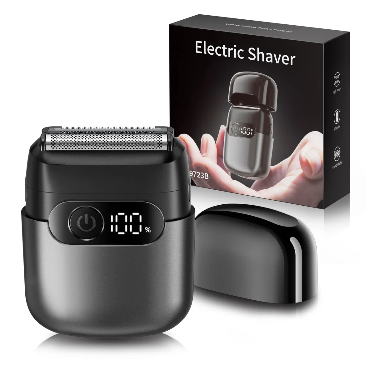 Charcoal black foil shaver, compact rectangular shape, matte finish
