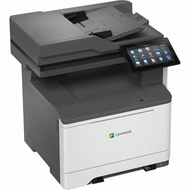 White box-shaped colour laser multifunction printer with 7 inch touchscreen and document feeder on top