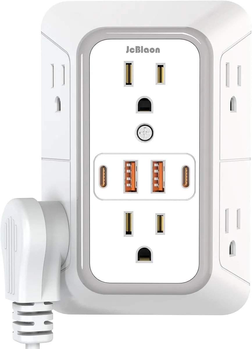  JcBlaon 10-in-1 surge protector 6 AC 4 USB 1050 J 2.15 in spacing straight blade plug — product photo