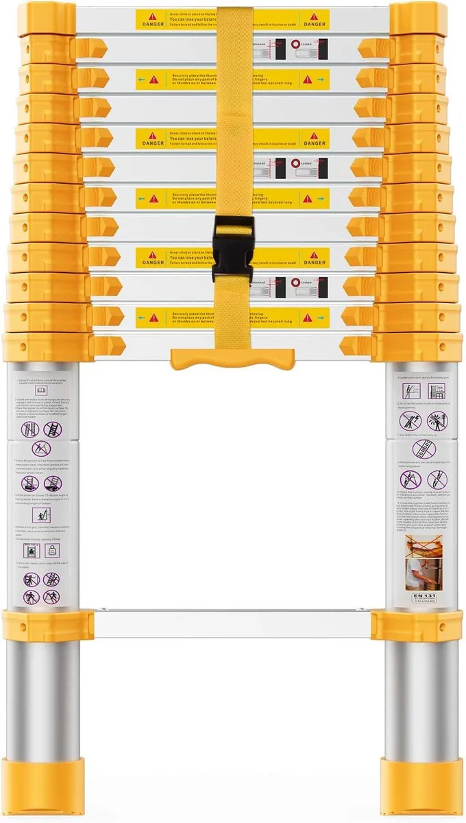 Silver telescoping aluminum ladder extended to full length with black locking buttons on each rung