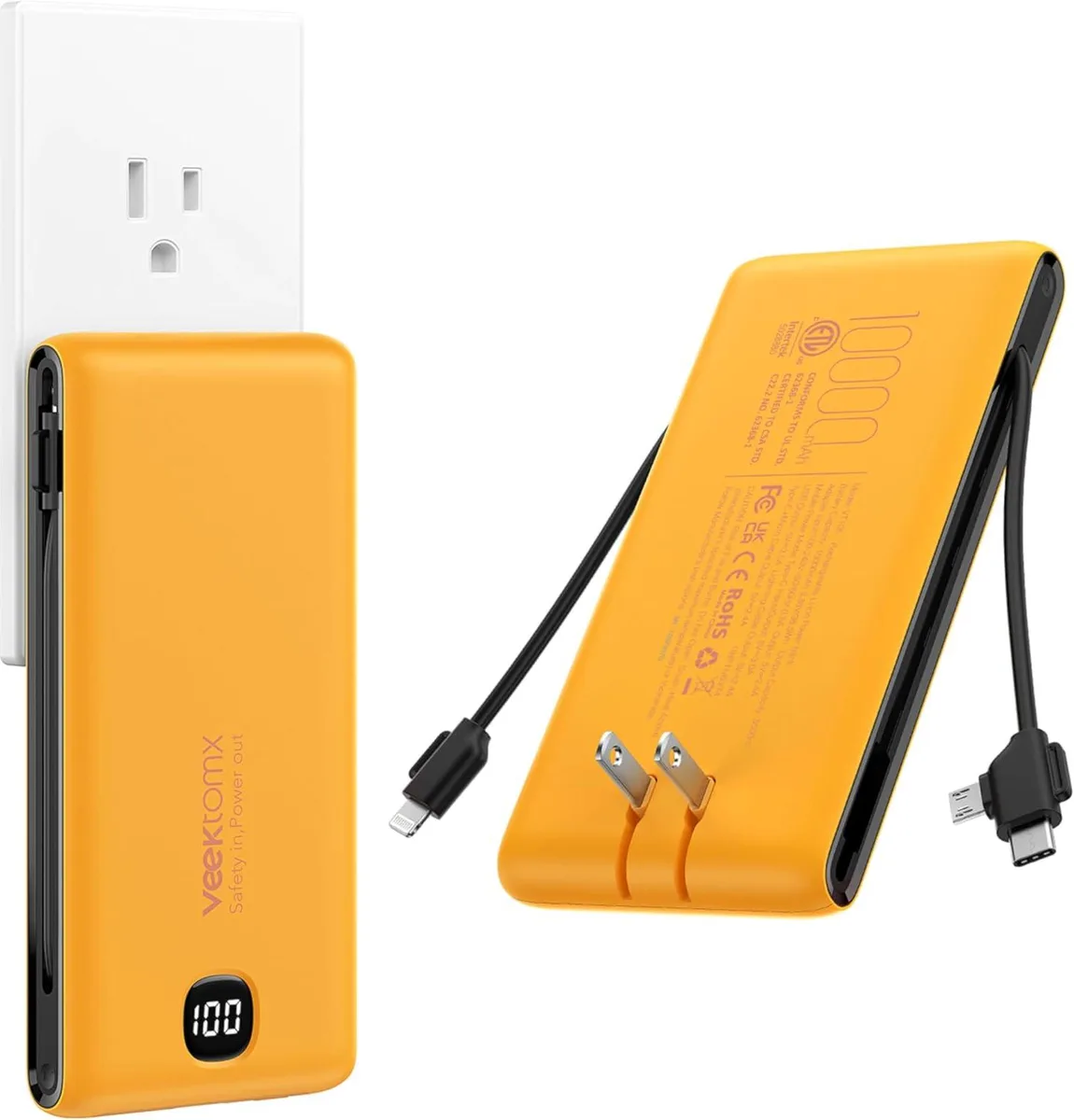 WOOJONG WOOJONG 10000mAh Power Bank Built-in Cables Wall Plug USB C Slim Fast Charging — product photo