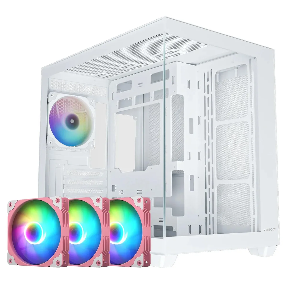 Vetroo Vetroo AL900 White ATX PC Case Pink 120mm ARGB Fans — product photo