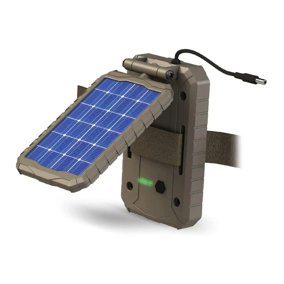 Rectangular solar panel with adjustable bracket, dark finish, ten-foot cable attached