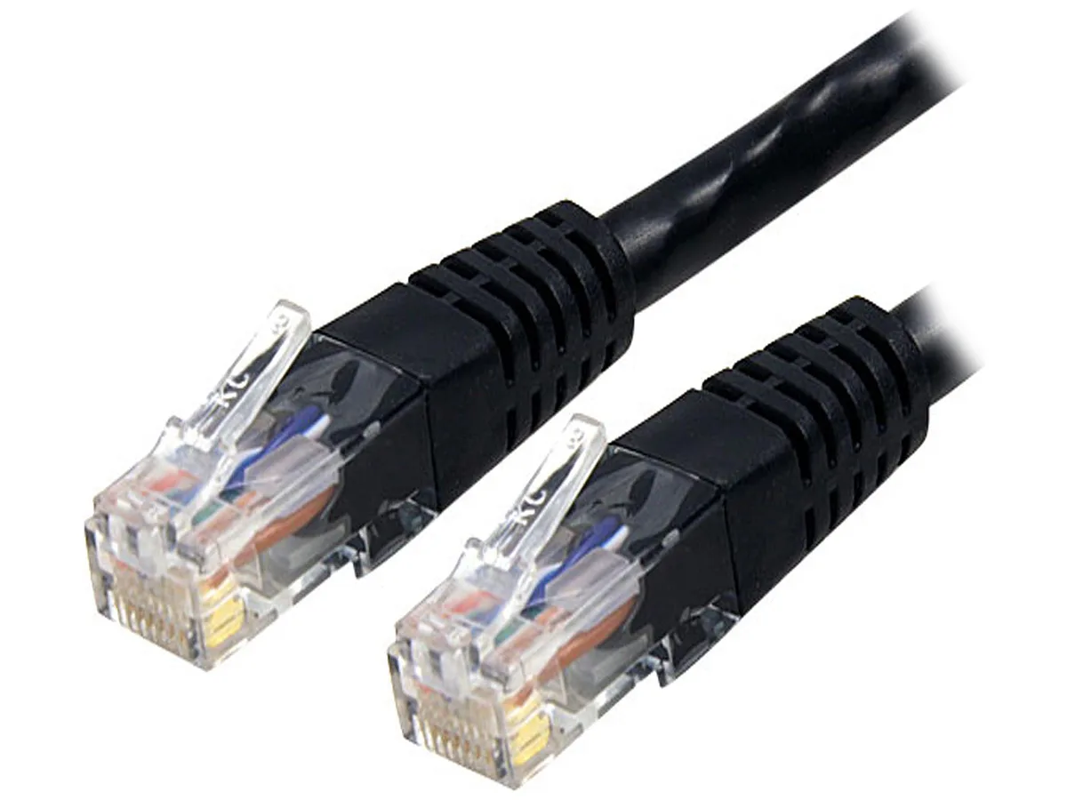 Black Cat6 patch cable, two feet long, moulded RJ45 connectors both ends