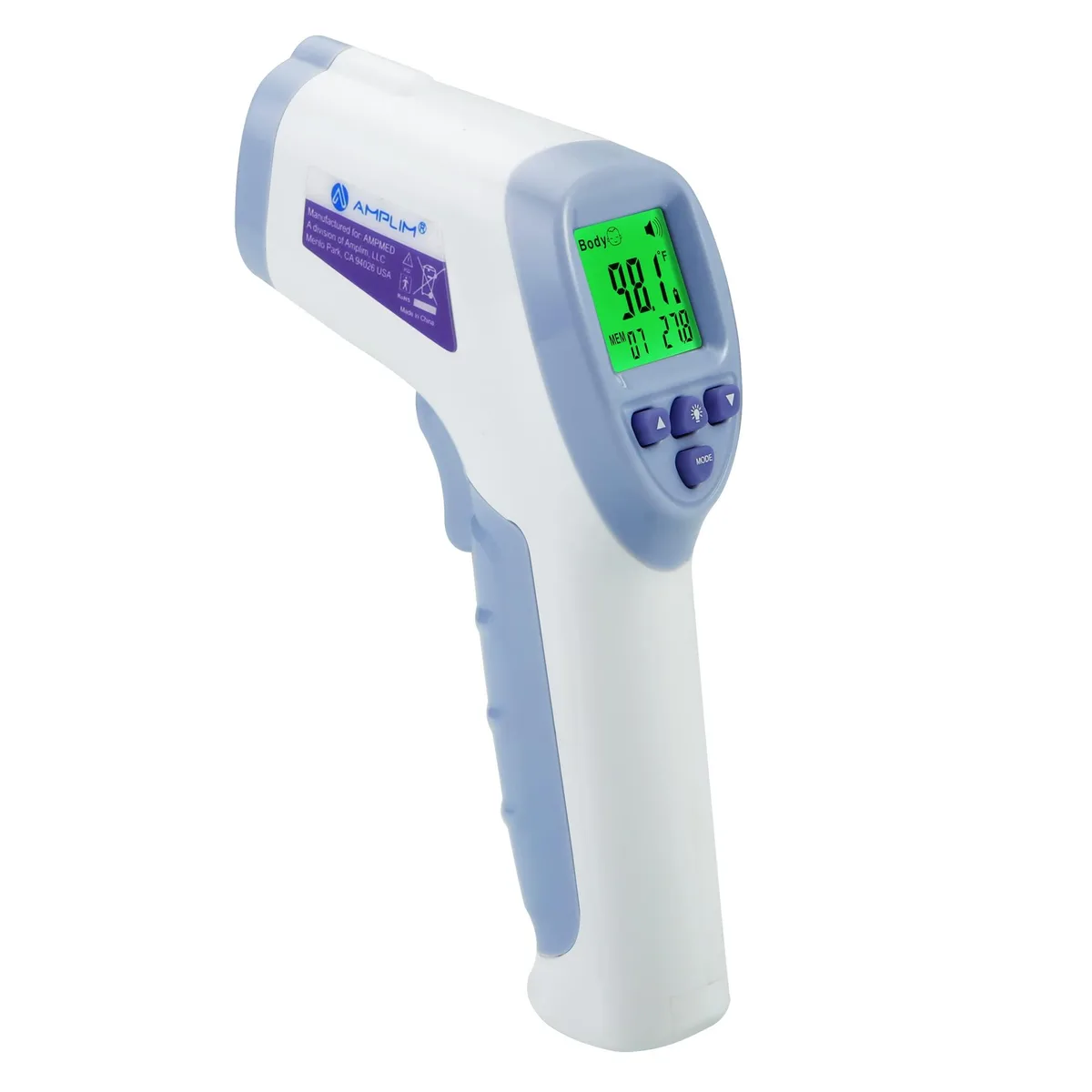 Blue and white handheld digital thermometer with LCD display