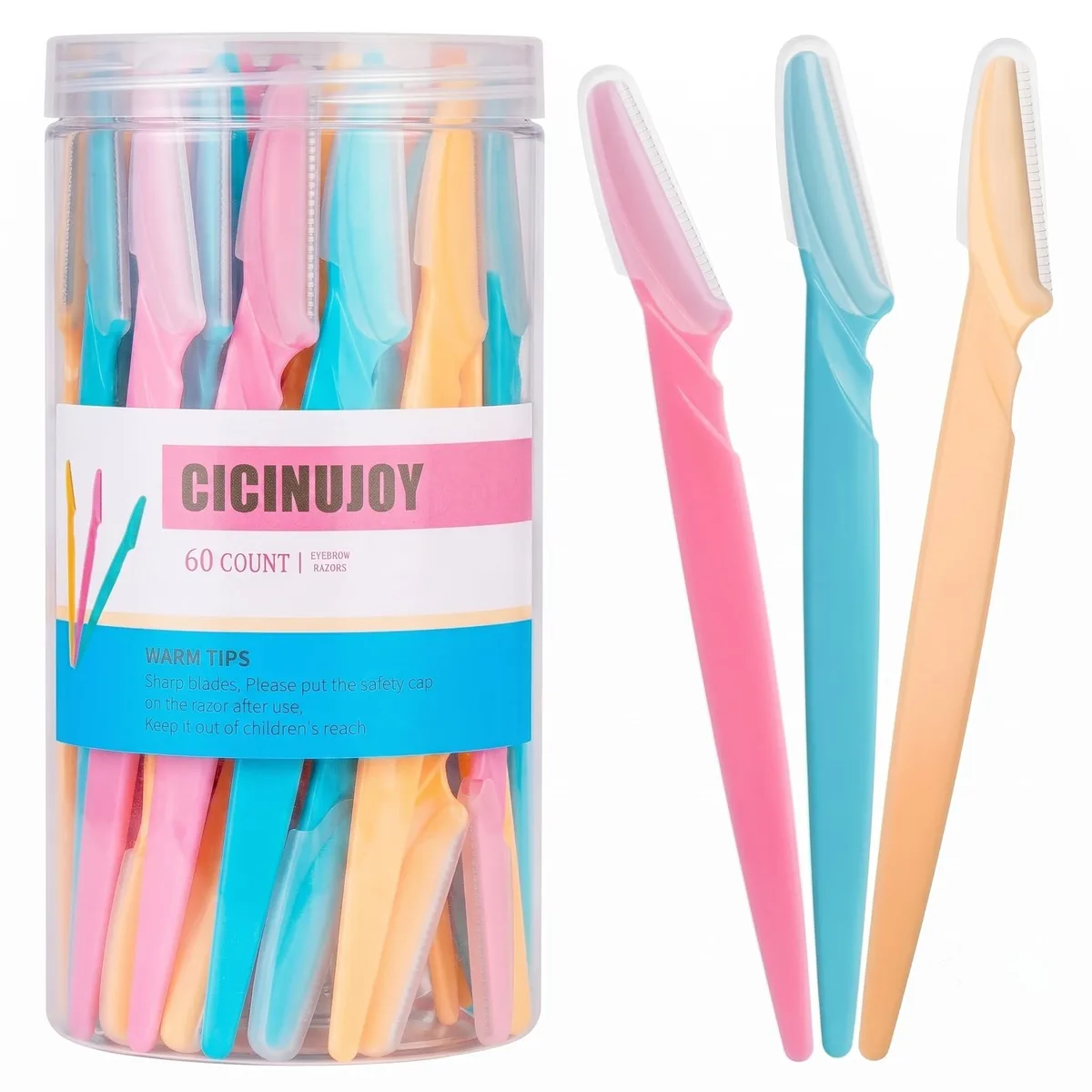 Transparent box holding 60 pink blue yellow dermaplane razors with protective caps