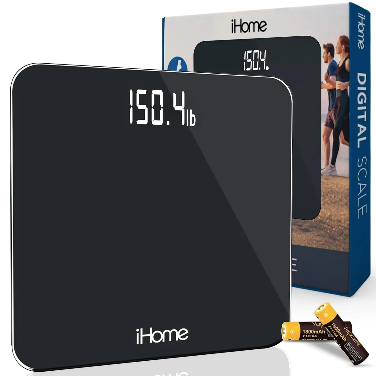 Square black glass bathroom scale with LED display