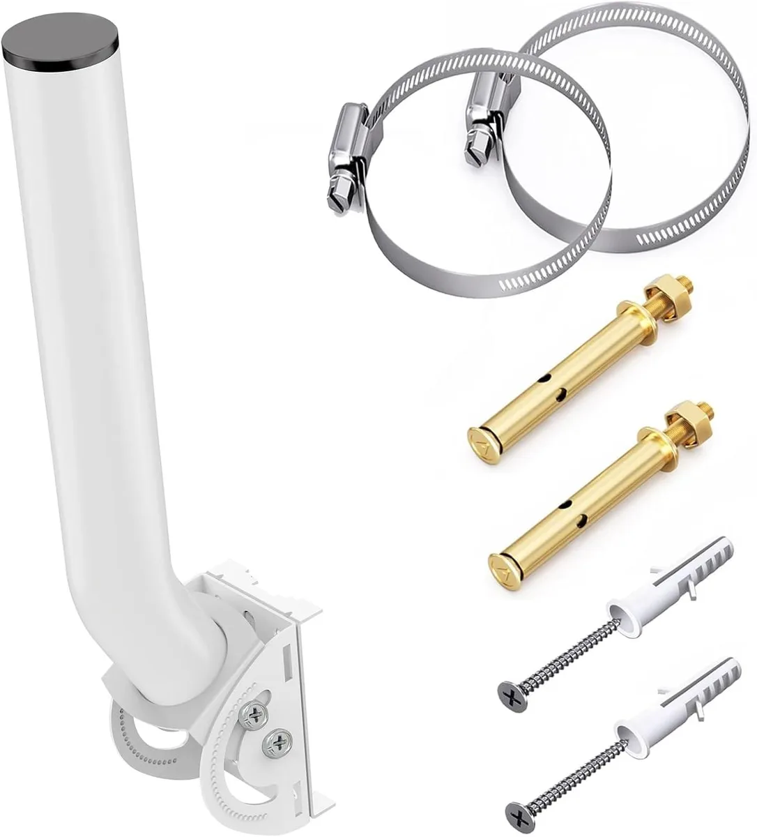 Silver metal J pole bracket with black waterproof cap and mounting hardware