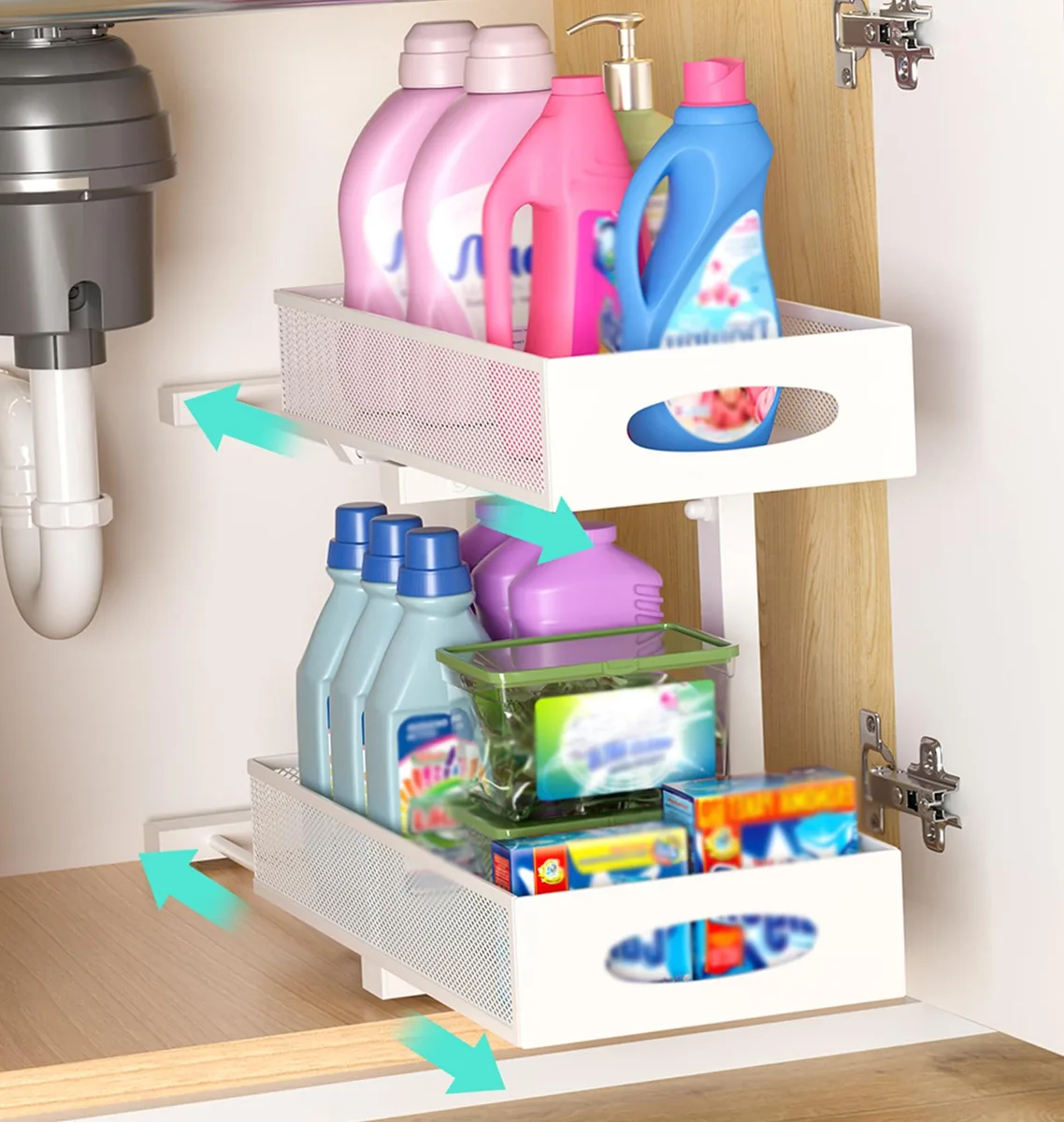 White two-tier metal slide-out organizer with painted finish, 15.3 by 7.5 by 15.55 inches