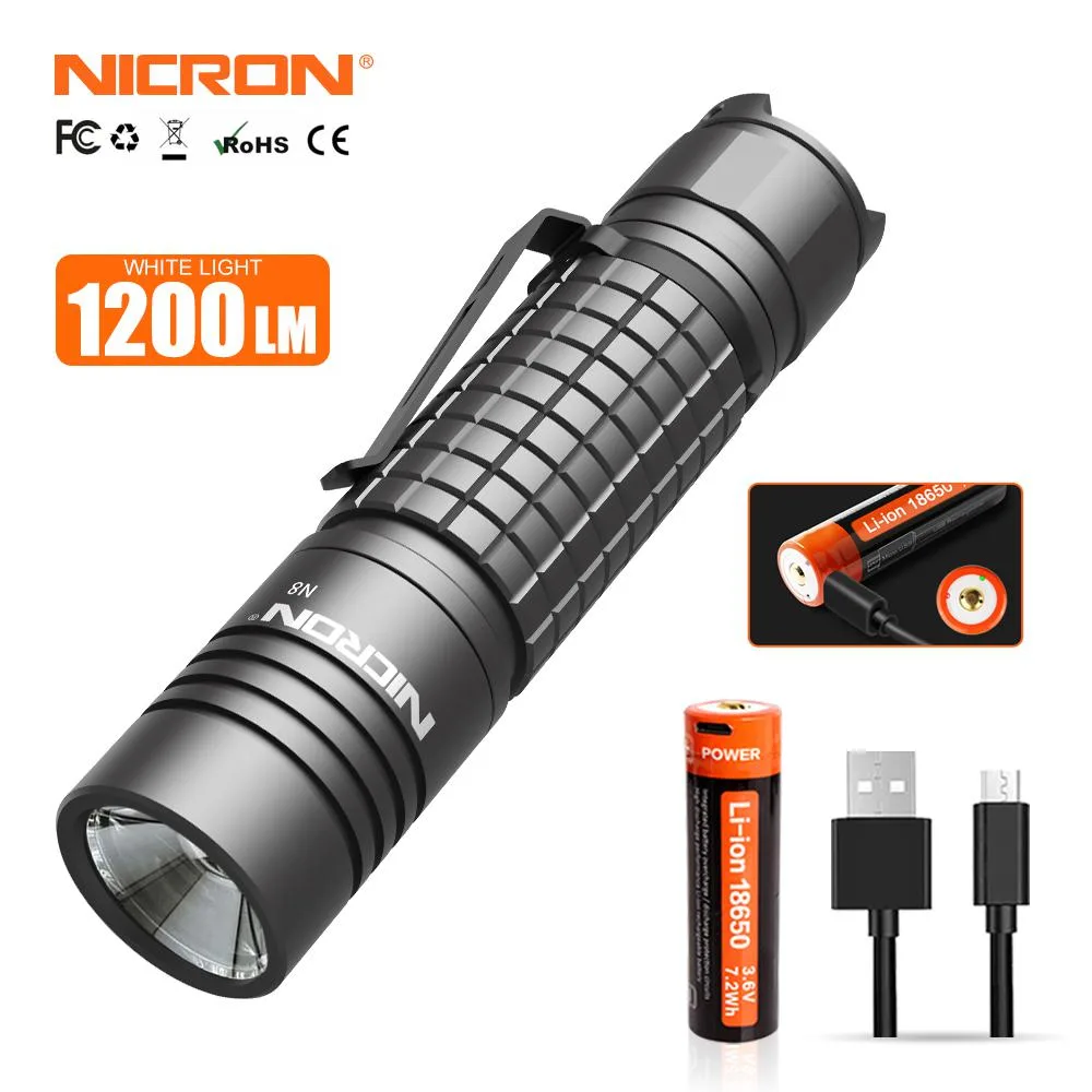 Black cylindrical aluminium flashlight, 113mm long, IP68 rated, USB-rechargeable 18650 battery