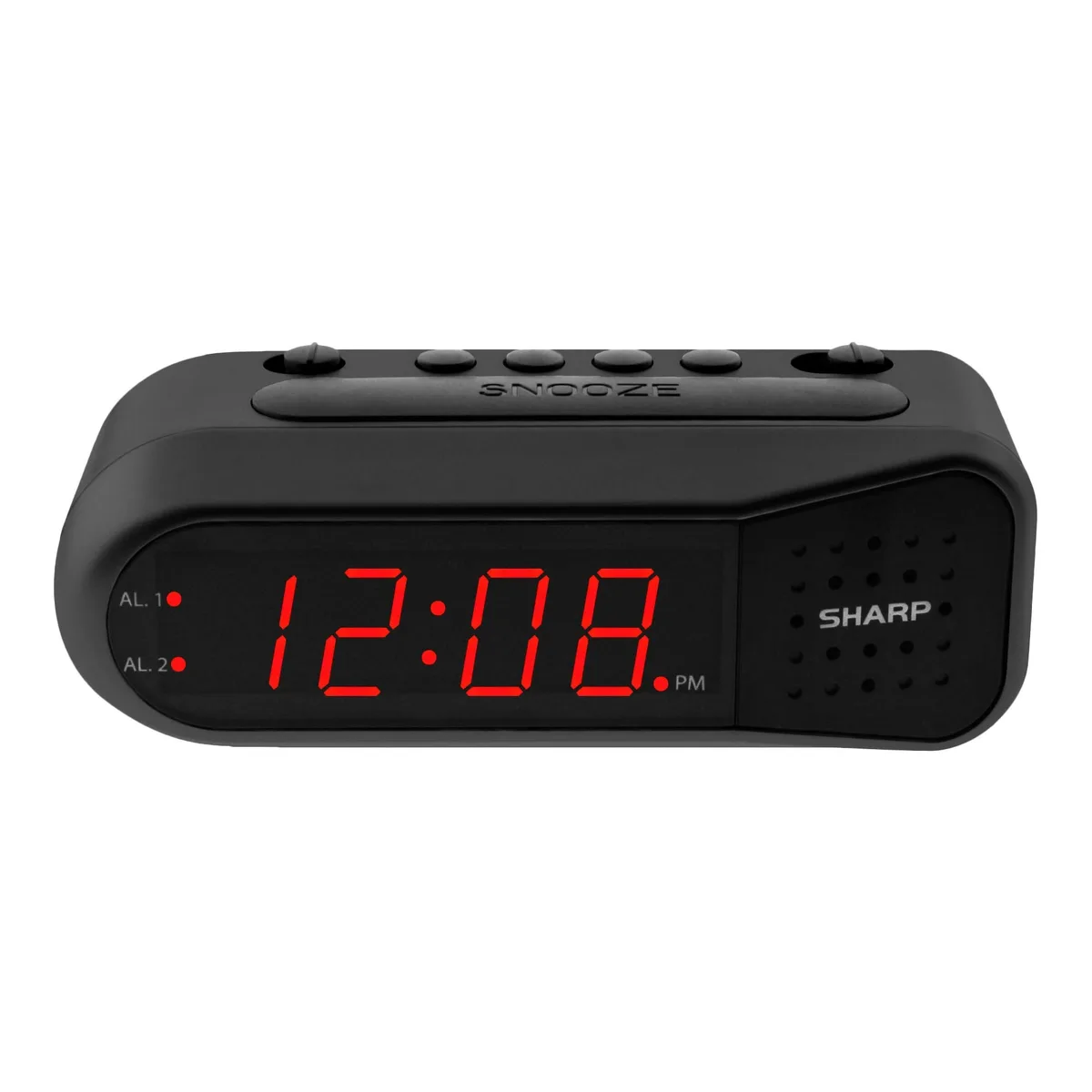 Rectangular black digital clock with red LED display
