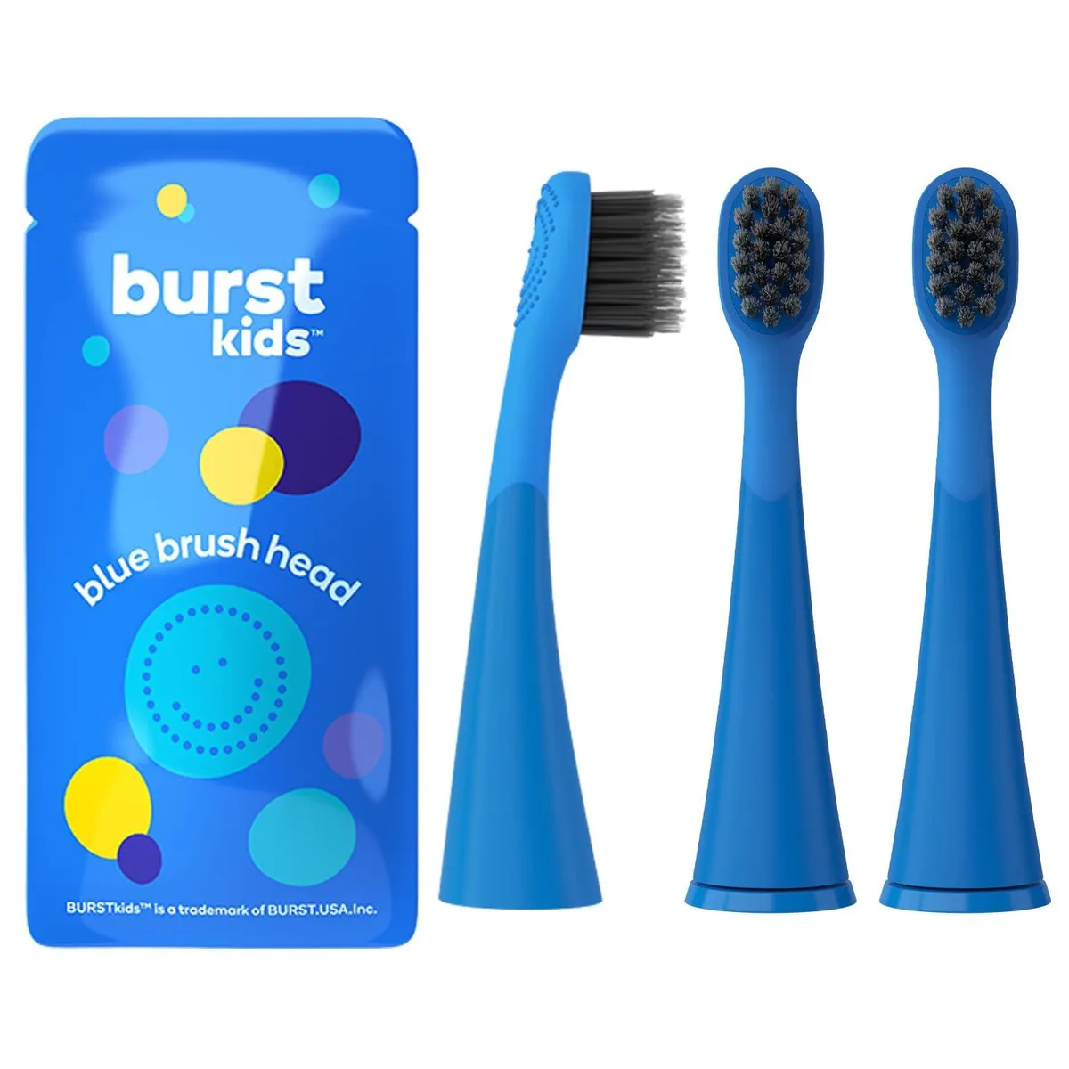 Three blue replacement brush heads in a pack