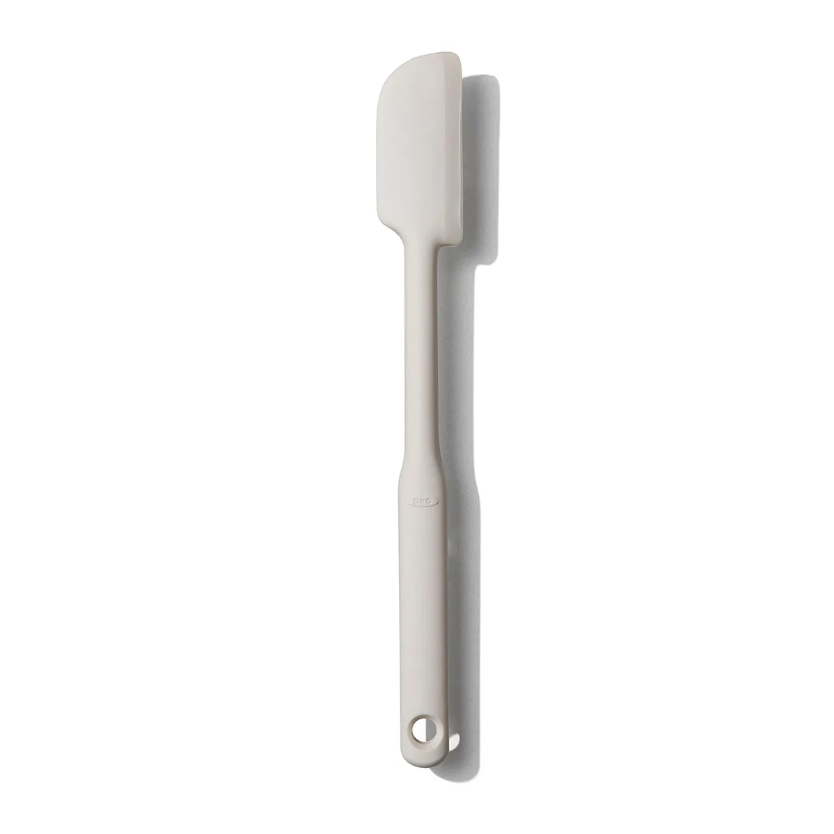 OXO Good Grips silicone jar spatula in oat colour, long narrow head with flexible edges and soft non-slip handle