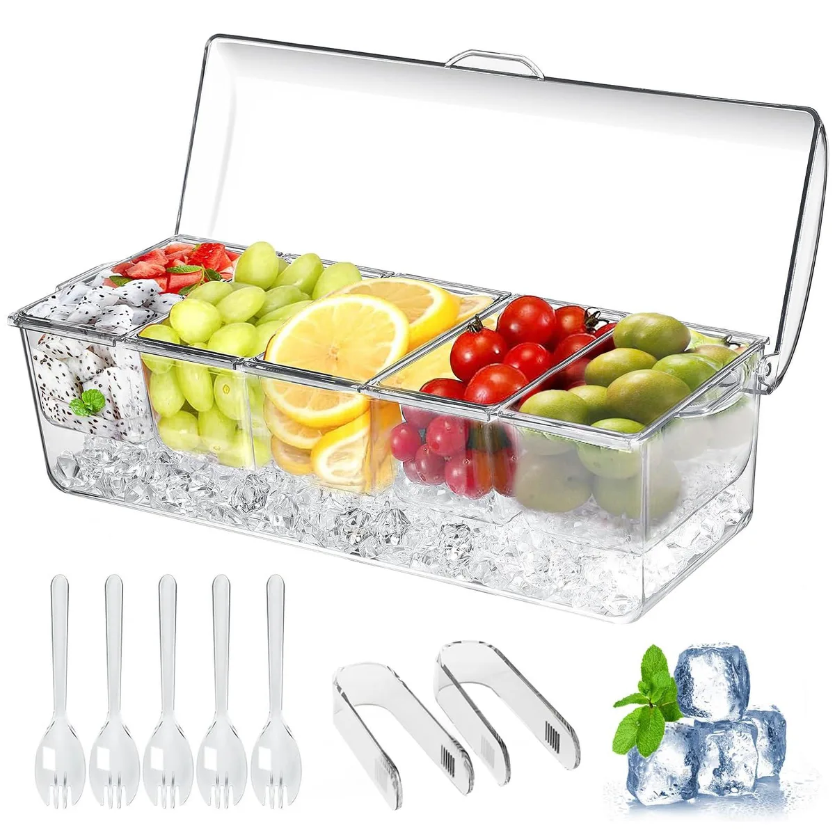Red rectangular condiment caddy with five clear removable compartments and a lid