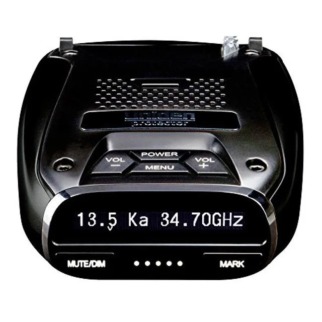 Black rectangular radar detector with OLED display and suction mount