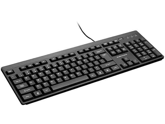 Black wired USB membrane keyboard with low-profile keys and flip-out legs