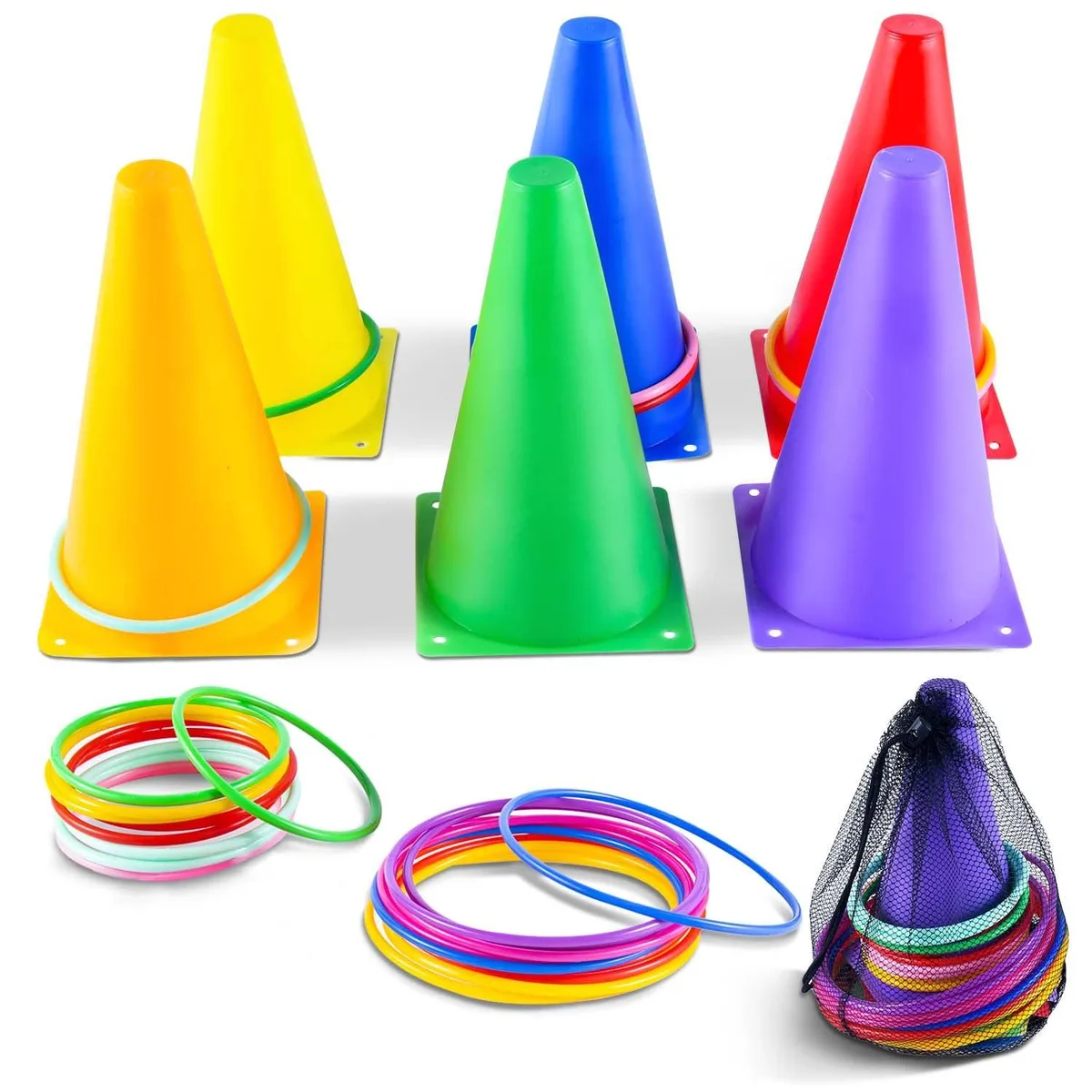 26-piece plastic ring toss set with 6 cones and assorted rings