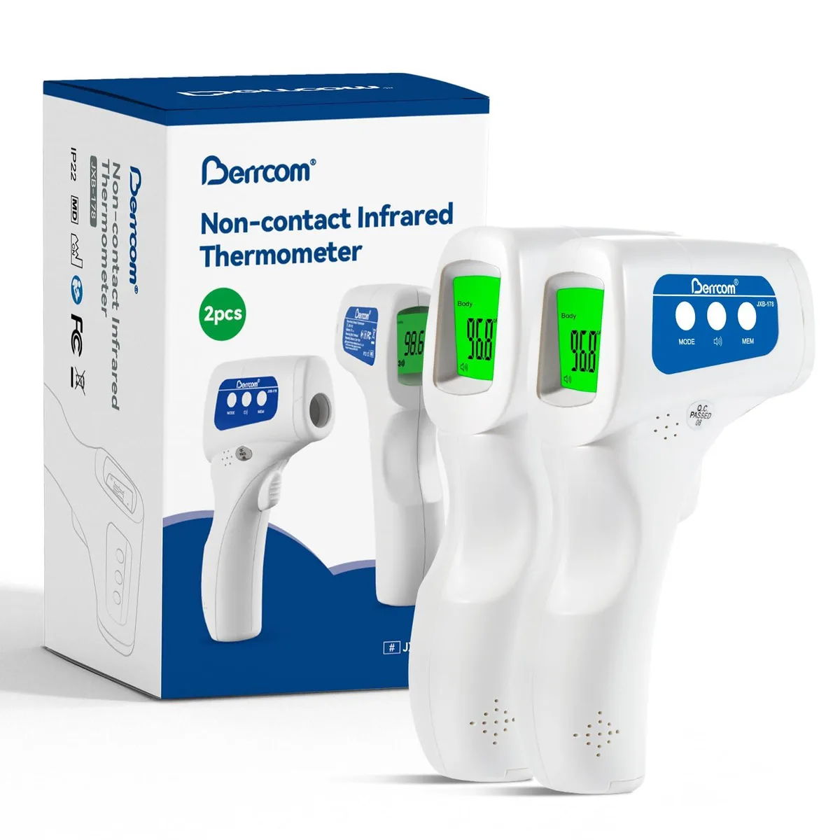 Two navy-blue infrared forehead thermometers side by side