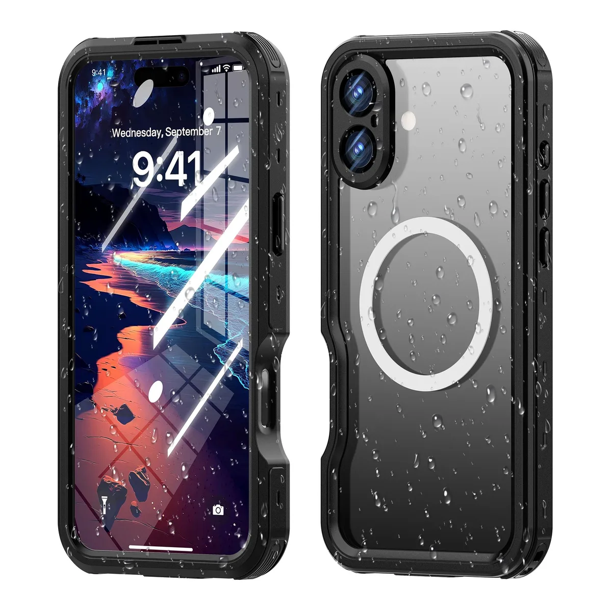 Black translucent magnetic waterproof case for iPhone 16 Plus with built-in screen protector