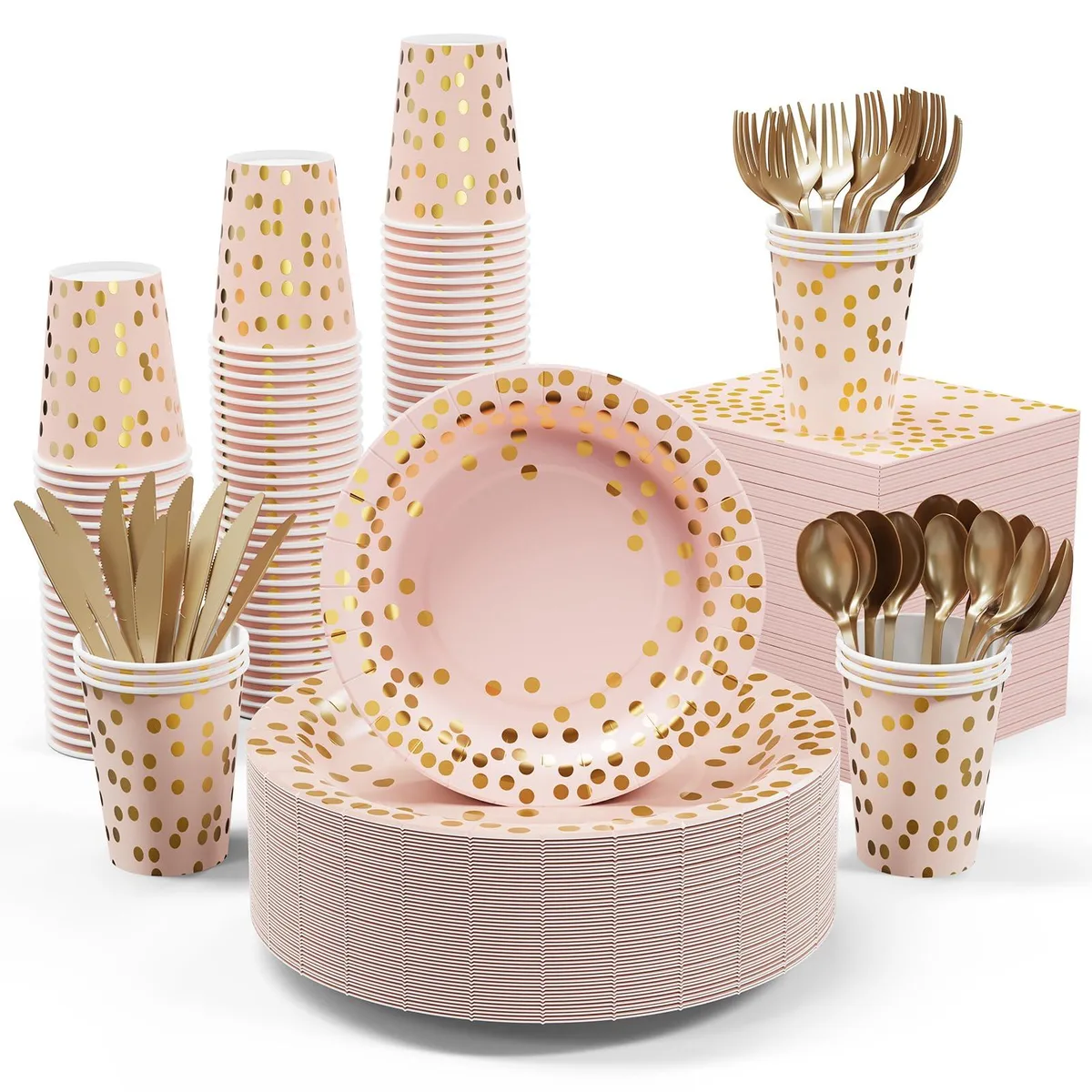 Pink paper plates cups napkins gold plastic cutlery 350 pieces