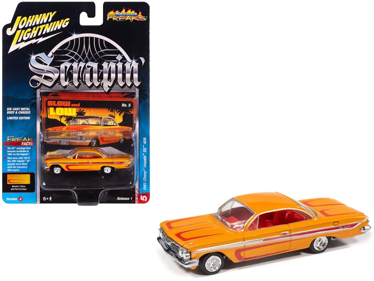 JOHNNY LIGHTNING JOHNNY LIGHTNING 1961 Chevrolet Impala SS 409 Yellow Metallic Red Stripes 1/64 Diecast hobby collectible — product photo