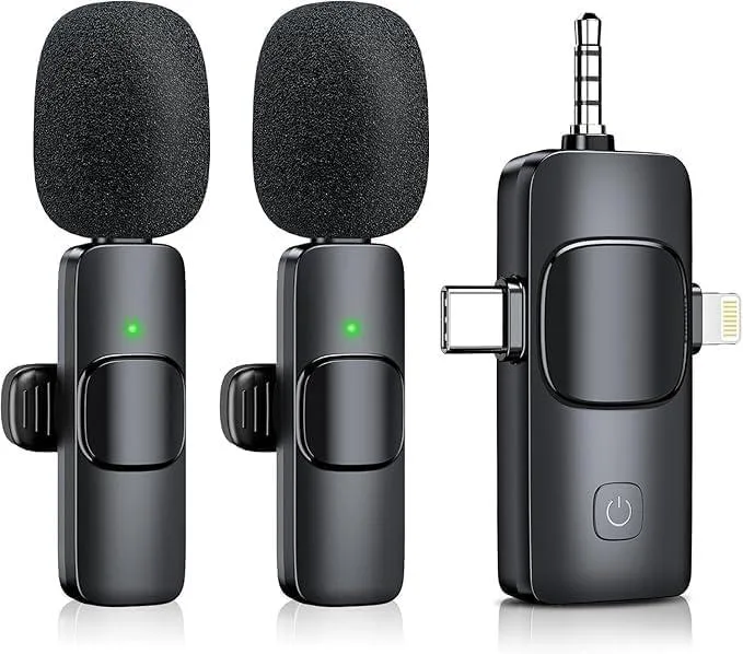  OUZIO K15 Wireless Lavalier Microphone 2 Pack 3 in 1 USB-C Lightning 3.5 mm Jack Black — product photo