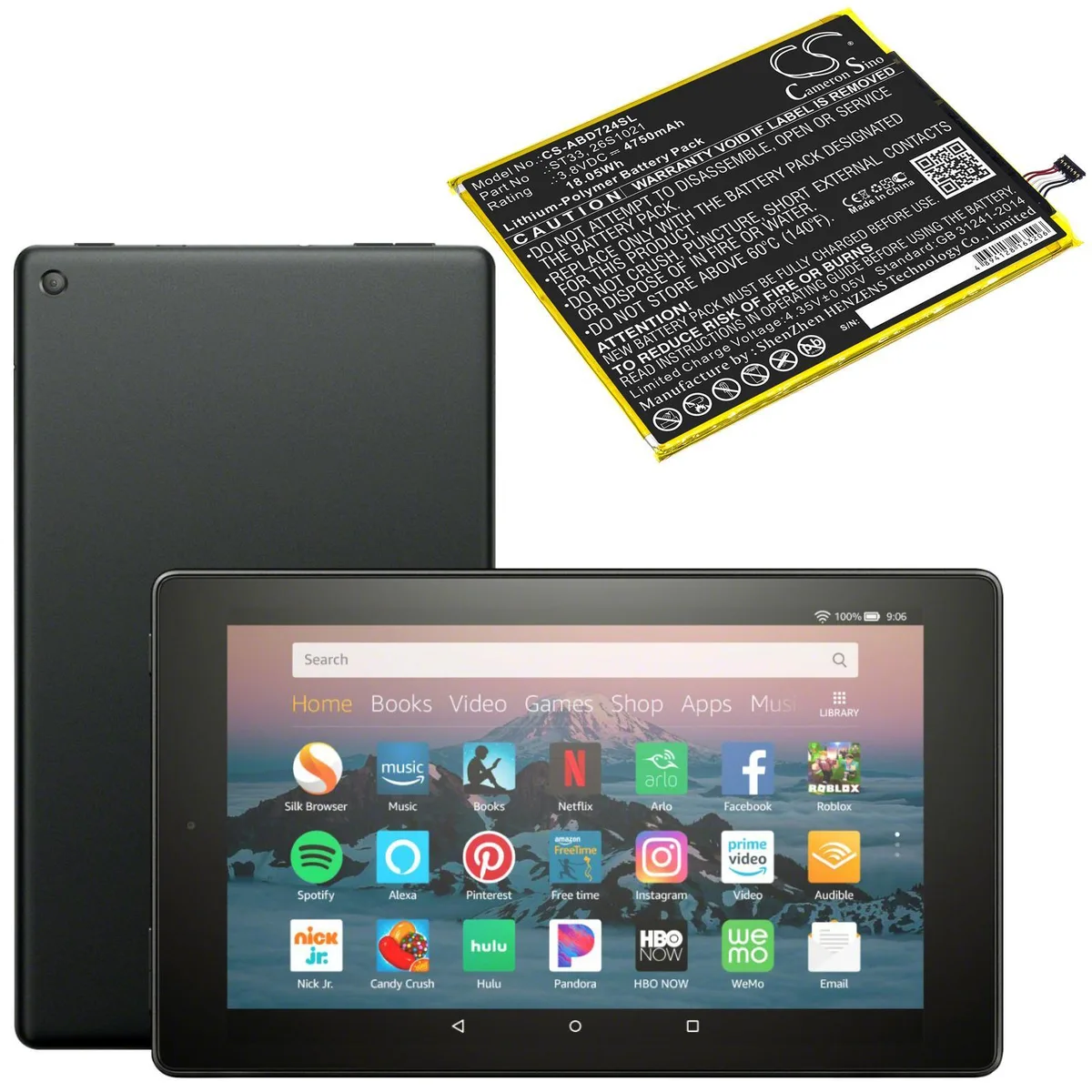 Rectangular lithium-ion battery pack with gold contacts, silver label, black plastic casing