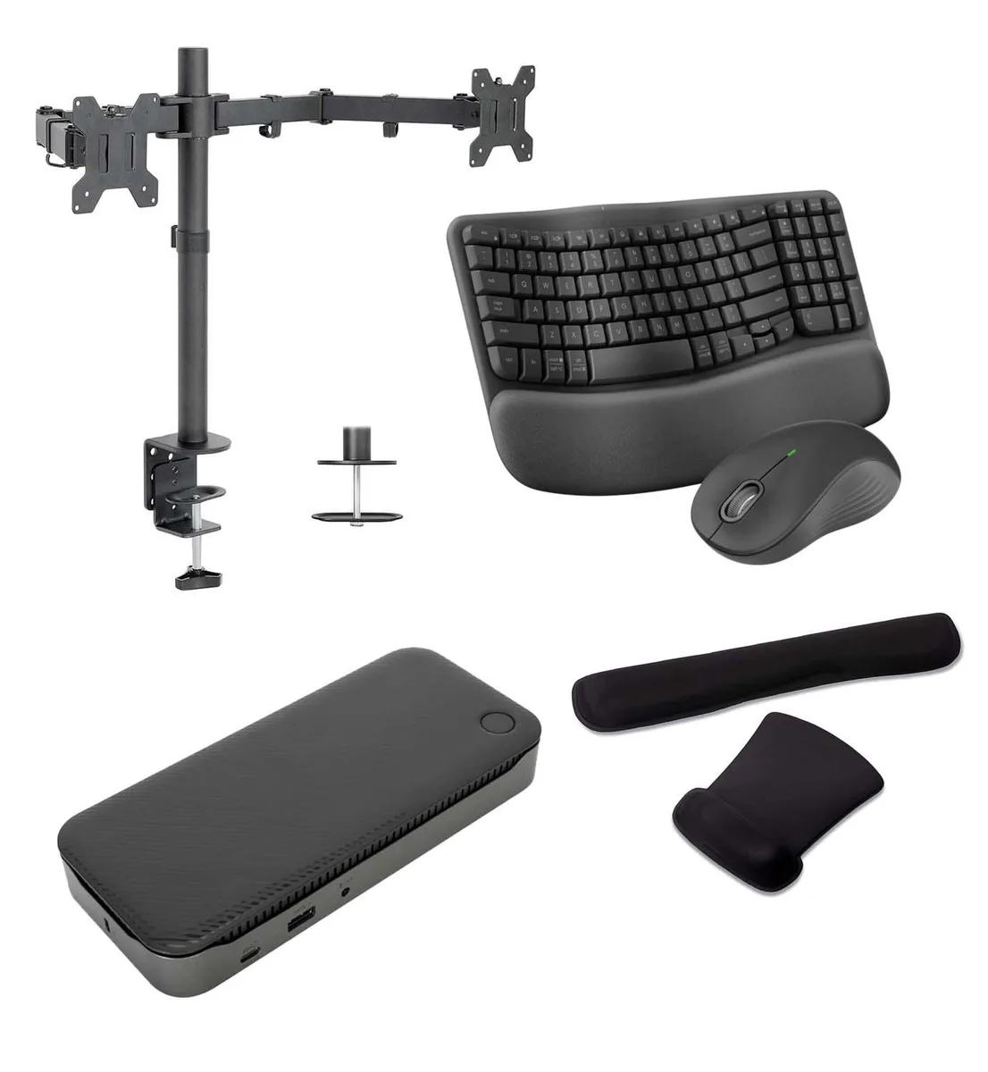Targus Targus USB-C Quad 4K 100W Dock Bundle with Dual Monitor Stand, MK670 Wireless Keyboard &amp; Mouse, Gel Wrist Pad — product photo
