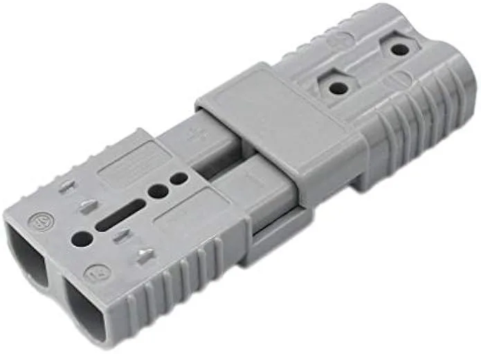 Pair of gray rectangular quick-disconnect connectors with copper-plated silver terminals